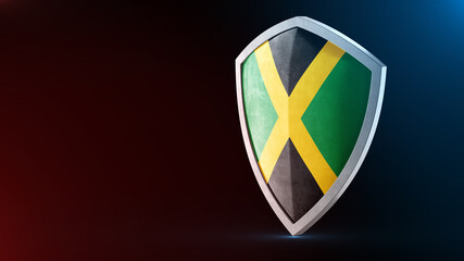 Steel armor painted as Jamaica flag. Protection shield and safeguard concept. Safety badge. Security label and Defense sign. Force and strong symbol.