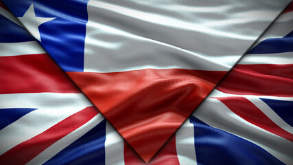 Fototapeta na wymiar Chile Flag and United Kingdom Flag waving with texture sky Cloud and sunset Double flag