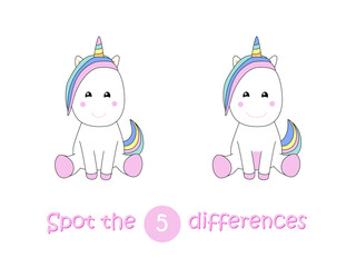 Spot the differences child educational game with unicorn.