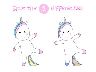 Spot the differences child educational game with unicorn.