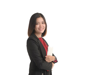 Asian business woman is holding a tablet and  expressing joy. On white Background.