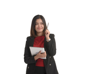 Asian business woman is holding a tablet and the other hand holding a pen and expressing joy. On white Background.