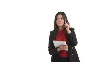 Asian business woman is holding a tablet and the other hand holding a pen. On white Background.