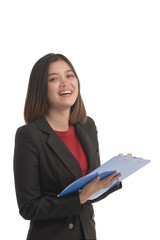 Asian business woman is holding a tablet and the other hand holding a pen and expressing joy. On white Background.