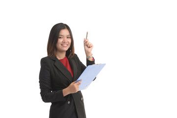 Asian business woman is holding a tablet and the other hand holding a pen and expressing joy. On white Background.