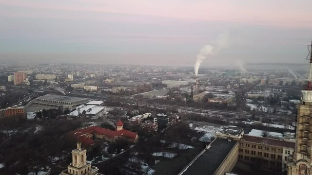 Bucharest skyline at sunrise. Drone view over Casa Presei Libere or Press House in Bucharest.