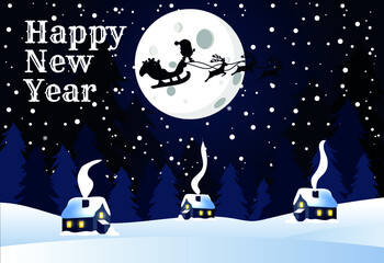 Naklejka premium Santa Claus shows the class and flies in a sleigh with reindeer in the full moon. Suitable for cute, New Year's card, banner, poster or invitation. Vector, Christmas illustration.