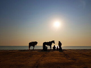 Silhouette of horse and stable boy on the sand beach with sunset background.