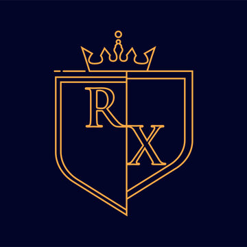RX initial logotype, colored orange with emblem and crown, line art and classic design, isolated on dark background.