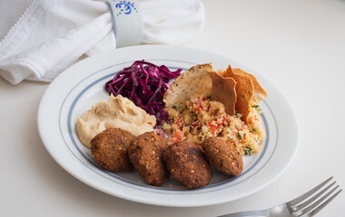 Home cooked arabian food plate, hummus with falafel, couscous and red cabbage
