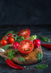 Abstract Design Of A Vegetable Background On A Wooden Background. Healthy Organic Vegetables on the Wooden Background.