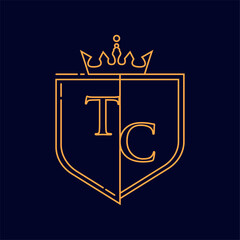 TC initial logotype, colored orange with emblem and crown, line art and classic design, isolated on dark background.