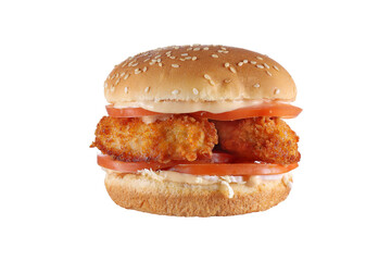 Burger with chicken isolated on white background. Fast food meal.