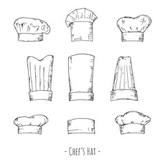 Chef's hats. Vector illustrations. Isolated objects on a white background.