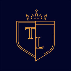 TL initial logotype, colored orange with emblem and crown, line art and classic design, isolated on dark background.