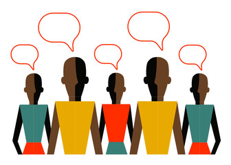 Dark-skinned people in colorful clothes are talking. Design for web, mobile app, advertisements, announcements, instructions. Place for text. Vector graphics. Without background.