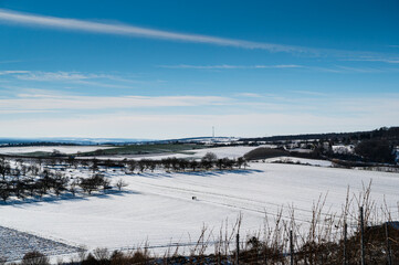 A scenic shot of a snowy landscape surrounded by trees with a blue clear sky