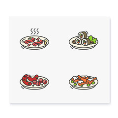 Korean food color icons. Set of traditional korean dishes .Eastern meal, meat, vegetables and sauces. Asian food and korean cuisine concept. Isolated vector illustrations