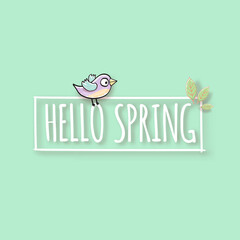 Hello spring label with spring birds and flowers on a soft pastel mint green background. Hello spring simple cut paper style illustration design template