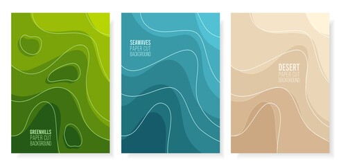 Abstract vertical banners set green color, blue sea, beige sand with 3D wavy lines pattern background.Vector design layout for business presentations,flyers,posters,invitations.Colorful hand drawn art