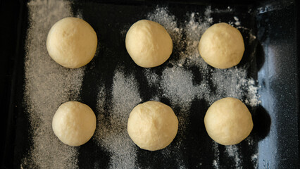 Close-up of raw dough for buns, cakes. On the wick. Flour products. Gluten free