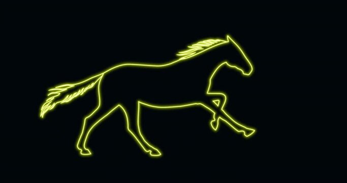 Neon galloping horse. Animated hand drawn line stroke mustang silhouette cartoon seamless endless loop running equine motion. Light on black background. Alpha channel isolated transparency 4K