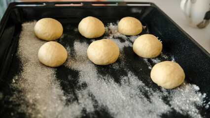 Close-up of raw dough for buns, cakes. On the wick. Flour products. Gluten free