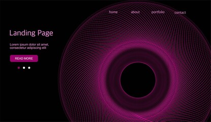 Abstract background. Black background with a purple linear swirl. Template for a landing page, cover, banner. Design for a website.