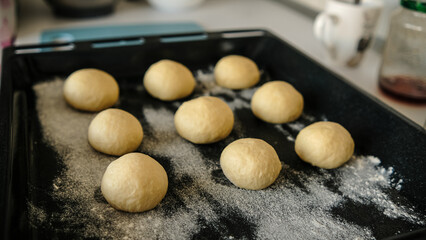 Close-up of raw dough for buns, cakes. On the wick. Flour products. Gluten free