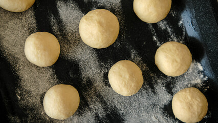 Close-up of raw dough for buns, cakes. On the wick. Flour products. Gluten free