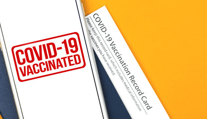 COVID-19 vaccinate banner, worldwide vaccination, record card and personal documents concept