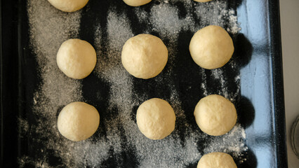 Close-up of raw dough for buns, cakes. On the wick. Flour products. Gluten free