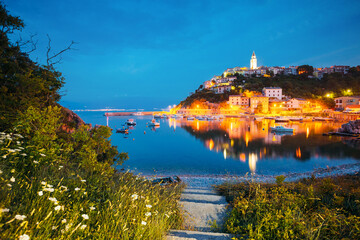 Fototapeta na wymiar Peaceful seascape in the city of Vrbnik in evening. Location Krk island, Croatia, Europe.