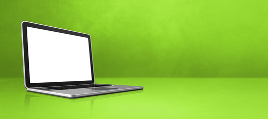 Laptop computer on green office scene background banner