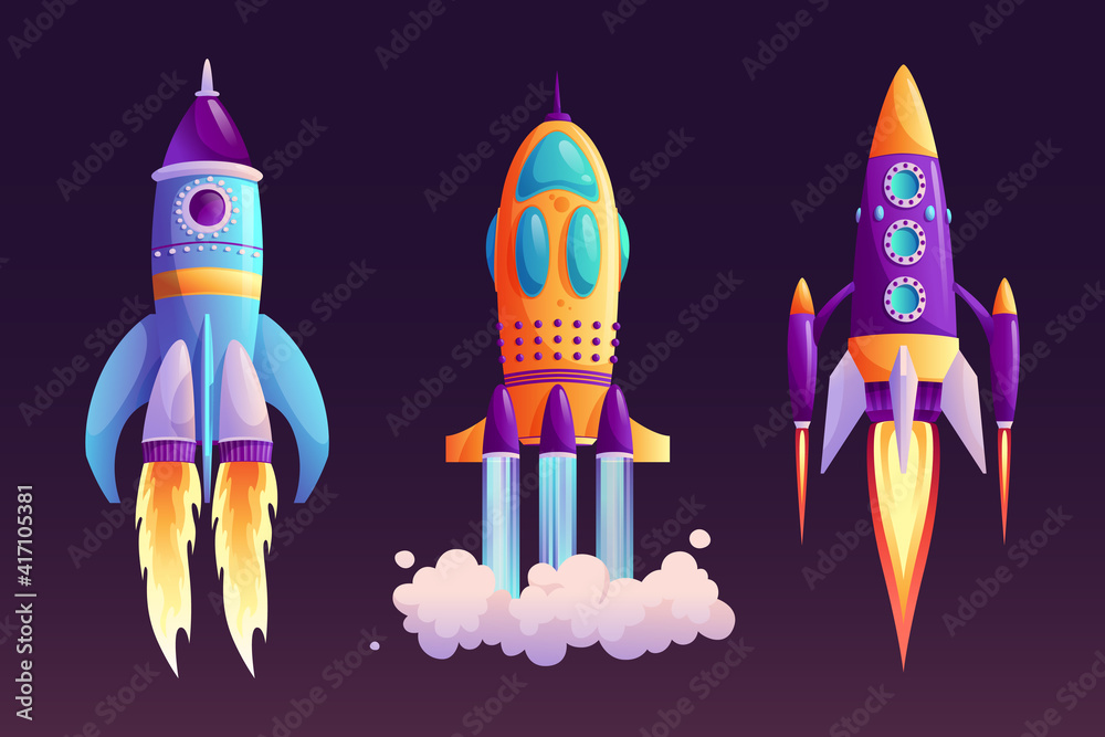 Poster space ship launch, rocket with fire trace and smoke isolated cartoon set. vector start of business o