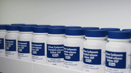 Anxiety Prescription Drug Lithium Carbonate Tablets on Pharmacy Shelf 3d Render