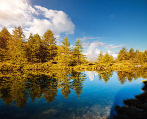 Breathtaking view of Matterhorn spire. Location place Grindjisee lake, Switzerland, Europe.