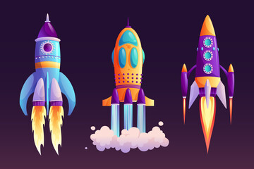 Space ship launch, rocket with fire trace and smoke isolated cartoon set. Vector start of business or new project symbol, boosters in flight. Takeoff of rocketship, spacecraft and clouds flaming