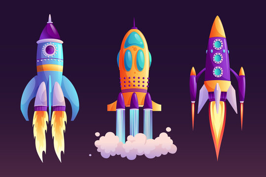 Space Ship Launch, Rocket With Fire Trace And Smoke Isolated Cartoon Set. Vector Start Of Business Or New Project Symbol, Boosters In Flight. Takeoff Of Rocketship, Spacecraft And Clouds Flaming