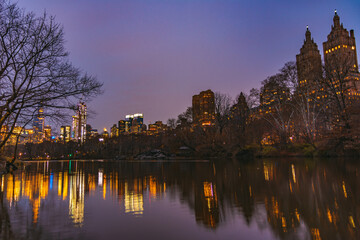 Amazing New York City Skyline from Central Park Pond