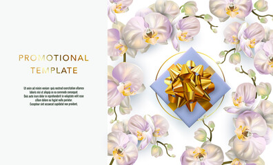 Holiday background promotional template. Women's day sale template. Decorative  gift box with gold bow top view. Floral pattern.
