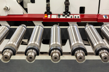 Lined up magnetic cylinders for die cut on rotary printing press. Magnetic cylinder for flexo...
