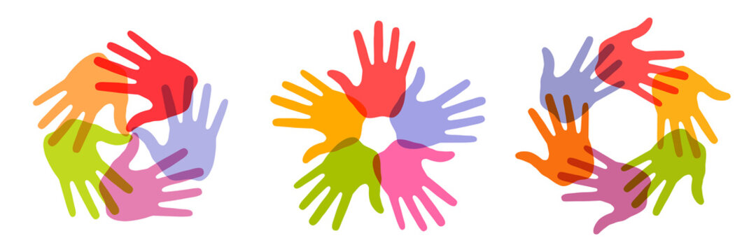Hand Print circle icon set. Colorful bright design element. Handprint emblems. Hand round insignia. Vector logo