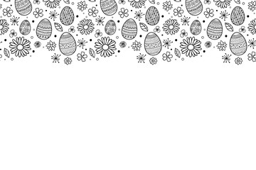 Template of Easter greeting card with eggs and flowers. Vector