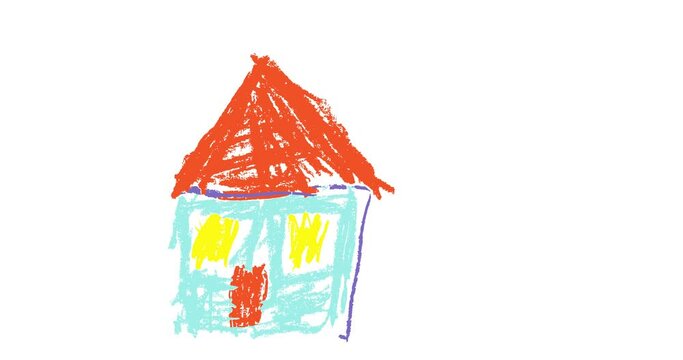 Like kid`s hand drawn crayon house, colorful flower, sun. Pastel chalk like child`s painting spring and summer. Animation stroke funny doodle cartoon process. Alpha channel isolated transparency 4K