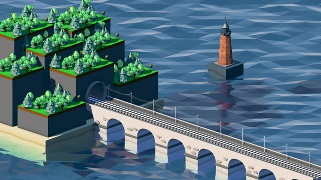 Digital animation of train carrying trees across the bridge to the tunnel. 3-d animated train on railway cross over a bridge. Cartoon animation design 4k.