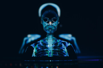 Skull portrait skeleton of adult man in studio with projector