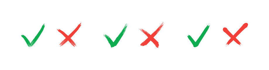 Check mark - stock vector. Tick and cross brush signs. Hand drawn Grunge Green checkmark OK and red X, Painted with Brush symbols YES and NO. Symbol icons check boxes, choice options, survey signs.