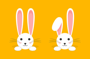 White cute easter bunny on yellow background. White hare crawls out of the mink. Funny bunny. Vector illustration