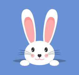 White cute easter bunny on blue background. White hare crawls out of the mink. Funny bunny. Vector illustration
